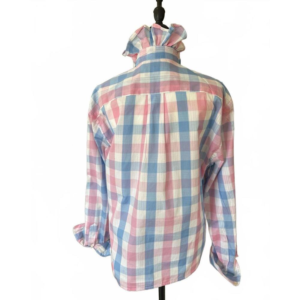 Upcycled Vineyard Vines Pastel Pink and Blue Plaid Button-Up with Ruffled Collar - Picture 6 of 8